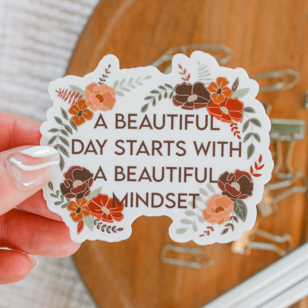 A beautiful day starts with a beautiful mindset sticker (purple writing)